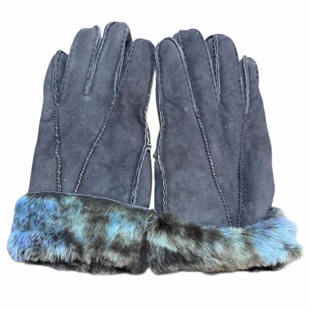Black Genuine Lamb Fur Skin Shearling Suede Gloves with Blue Teal Trim